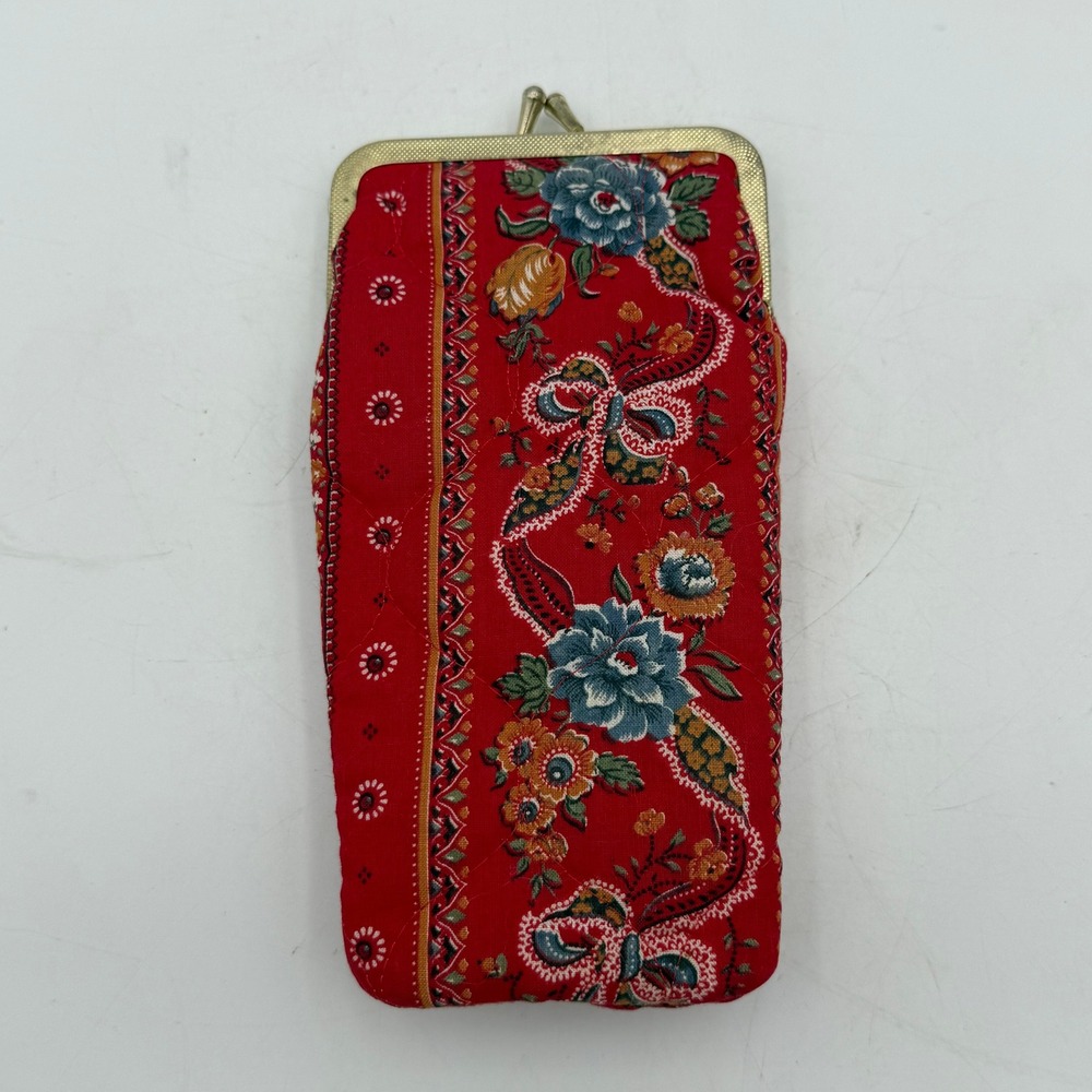 Vintage Red Quilted Floral Eyeglass Case Kiss Lock Padded Pouch Gold Tone Trim